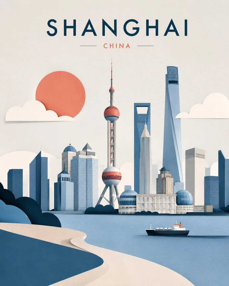 A premium Scandinavian-style editorial travel illustration with clean paper shapes, subtle shadows, and destination typography.