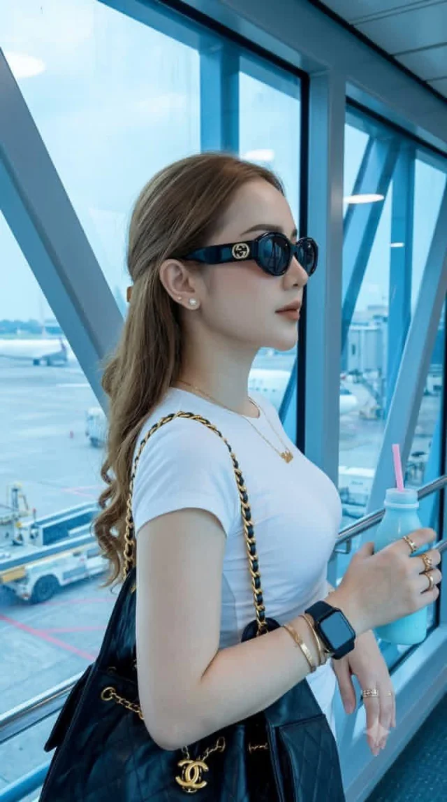 A photorealistic vertical portrait of a young woman in an airport terminal beside a large window, wearing dark sunglasses and holding a light blue tumbler with a pink straw.