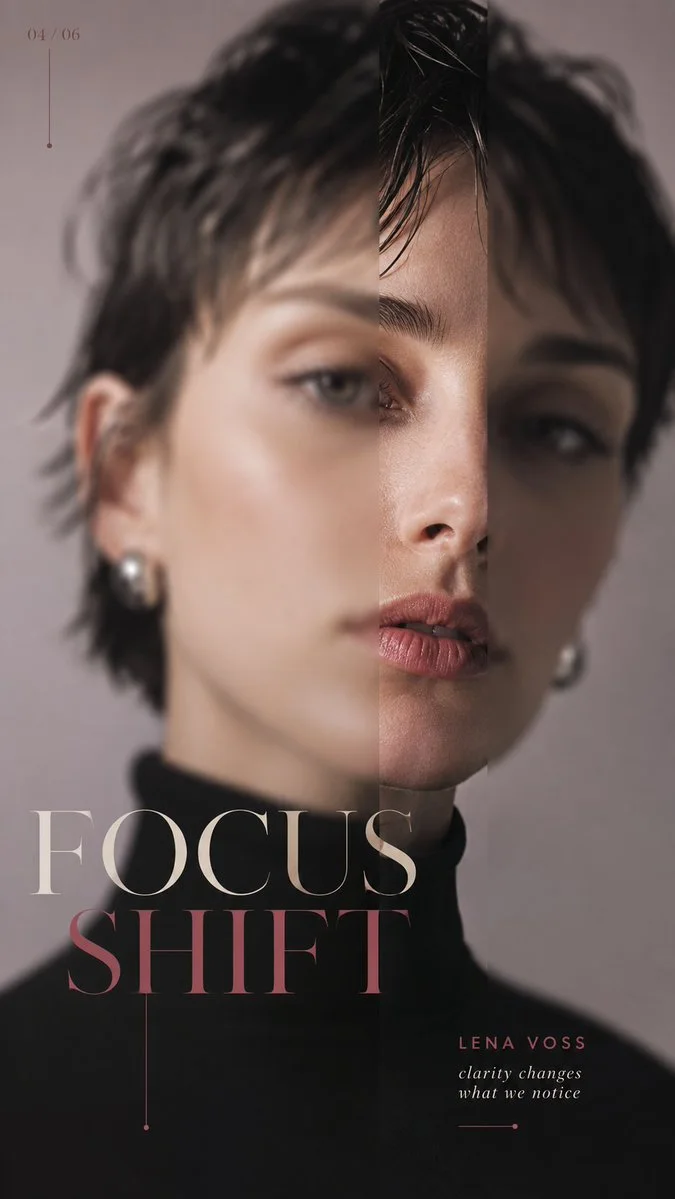 A Scarlet Index poster using red, black, and white with focus-shift blur and sharp detail around a fashion subject and oversized editorial typography.