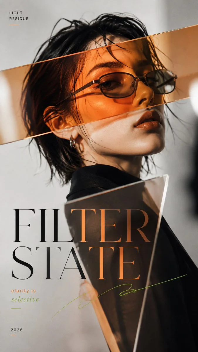 A Light Residue poster titled FILTER STATE showing a fashion portrait of a woman with crisp glasses and eyes seen through translucent amber acrylic panels and restrained editorial typography.
