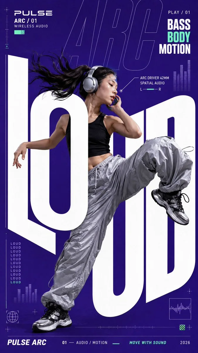 A bold PULSE wireless-audio campaign poster with oversized LOUD typography cut through by a dancer wearing headphones.