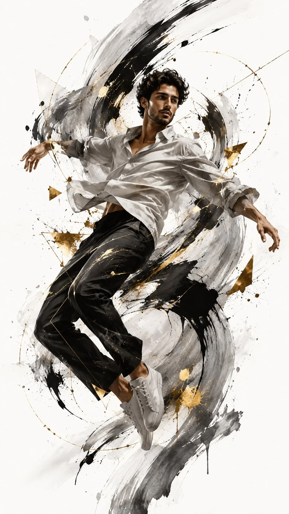 A high-fashion editorial poster showing a young male model in a white dress shirt, black trousers, and white sneakers floating diagonally in mid-air, surrounded by sweeping black, gray, white, and gold abstract brush strokes on a pure white background.