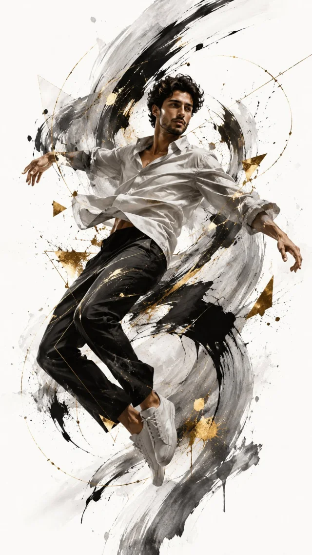 A high-fashion editorial poster showing a young male model in a white dress shirt, black trousers, and white sneakers floating diagonally in mid-air, surrounded by sweeping black, gray, white, and gold abstract brush strokes on a pure white background.