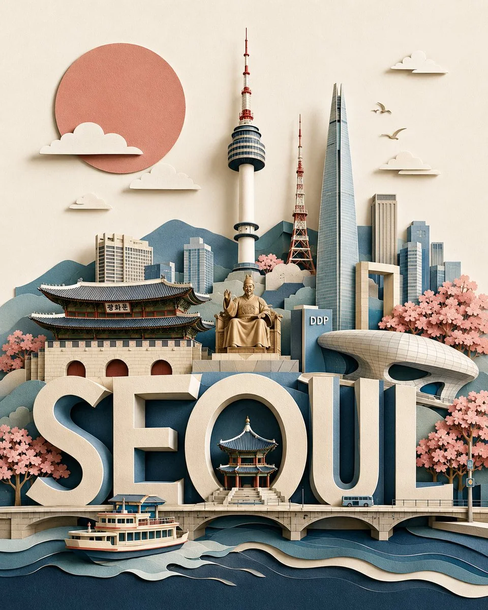 A layered handcrafted paper-cut travel poster for Seoul with integrated SEOUL typography, traditional palace architecture, N Seoul Tower, Lotte World Tower, DDP, cherry blossoms, river boat, and tactile paper depth.