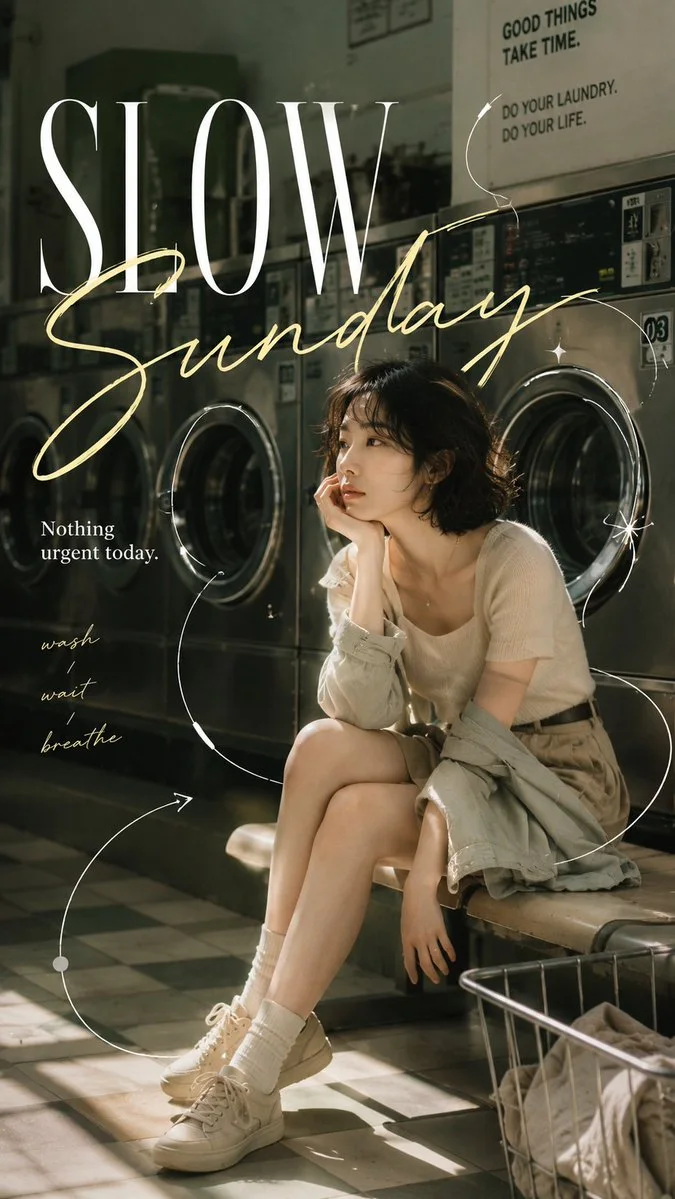 A fashion editorial portrait poster with handwritten secondary text, flowing lines following the silhouette, and clean breathing space.