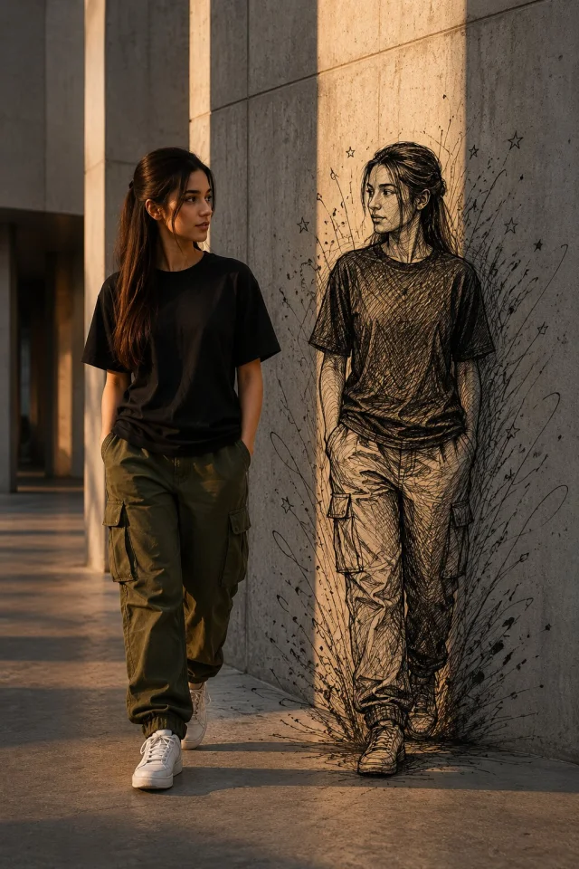 A cinematic editorial photo of a woman beside a concrete wall where a monochrome ink-sketch version of herself emerges seamlessly from the wall.
