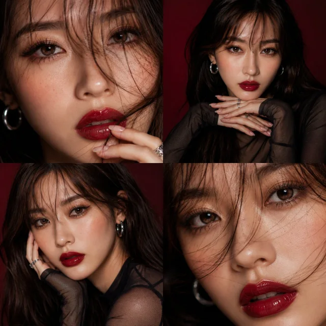 A high-end beauty editorial 2x2 collage of the same woman across four frames with a deep burgundy-red background, glossy cherry-red lips, and consistent facial features.