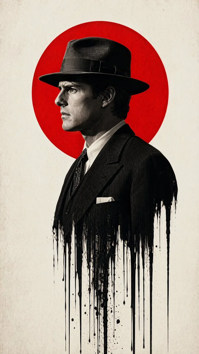 A noir poster variation with the same minimalist red/black/off-white palette and melting-ink surreal effect.