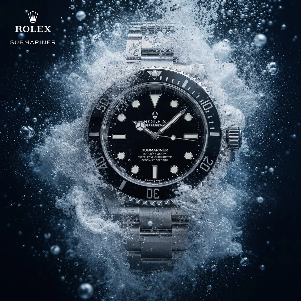 A square premium campaign image reimagining a Rolex-style watch with a bold material substitution, centered product, atmospheric background, product name above and logo below.