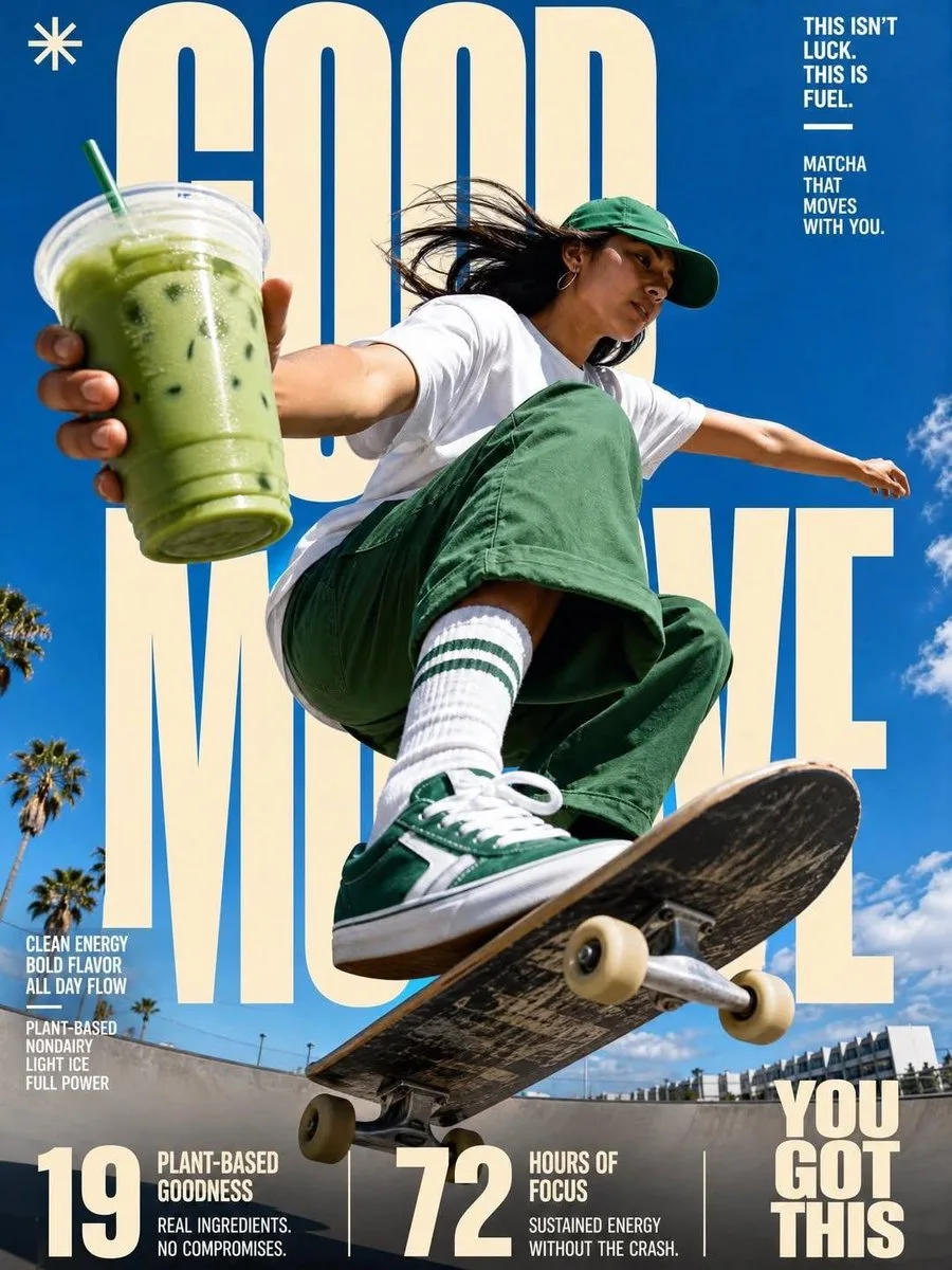 A layered editorial brand poster variation with oversized cream typography, a breaking-through action figure, and vivid accent product color.