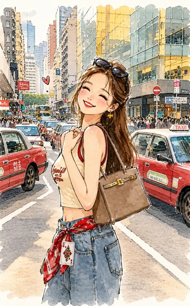 A charming minimalist doodle illustration of a young woman in a city street with red taxis, buildings, handbag, loose hand-drawn outlines, pastel watercolor texture, and airy sketchbook styling.