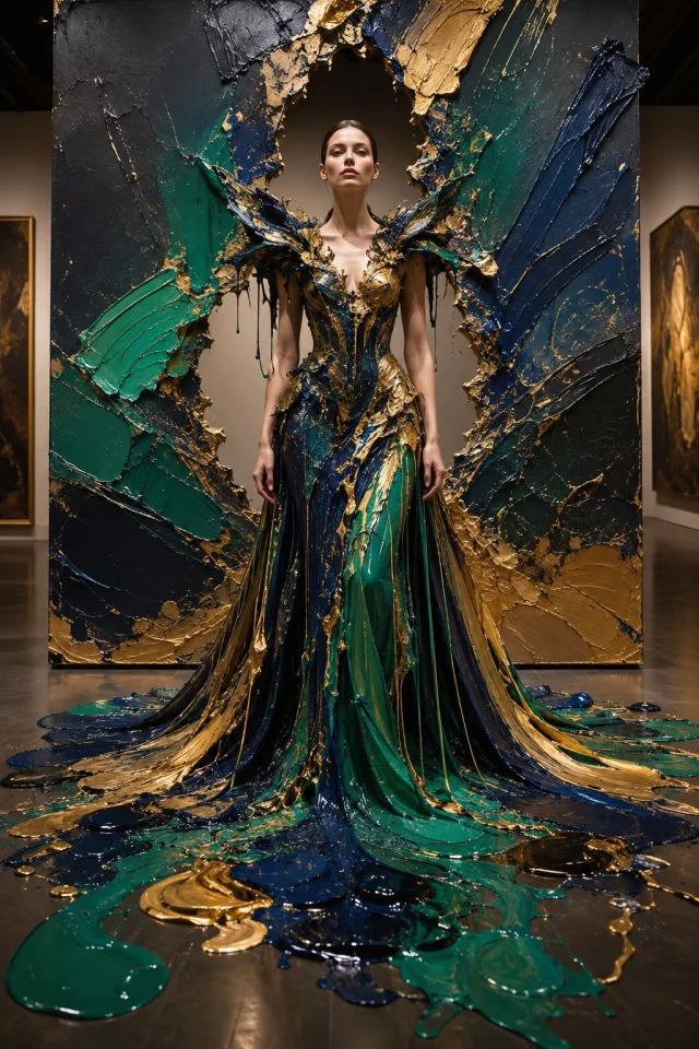 High-fashion editorial model wearing a thick glossy impasto oil-paint couture gown emerging from a cracked gallery canvas.