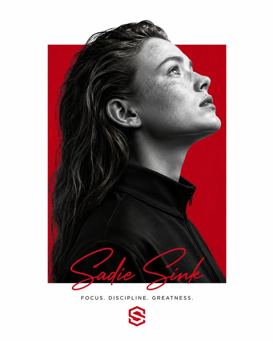 A minimalist profile poster variation with the same crimson block, monochrome subject, upward gaze, and clean Swiss-style layout.