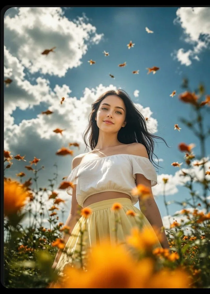 A cinematic fashion portrait of a peaceful woman in a vibrant flower field with tiny golden fish flying around her under a bright blue sky.