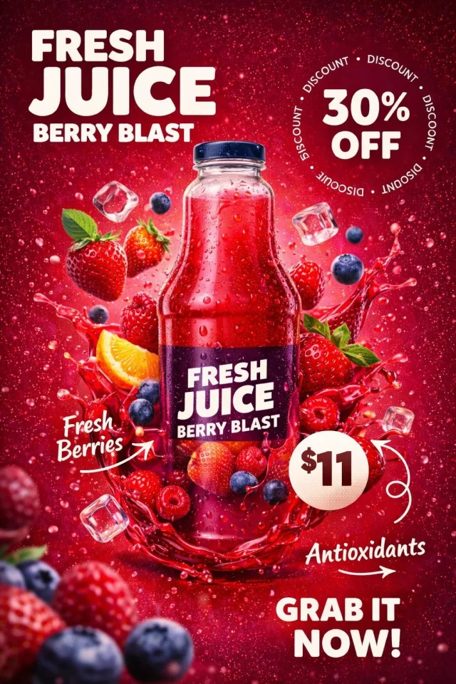 A red berry fresh juice bottle advertising poster with condensation, fruit, ice cubes, liquid splash, 30% off ring, $11 price circle, and Grab It Now CTA.