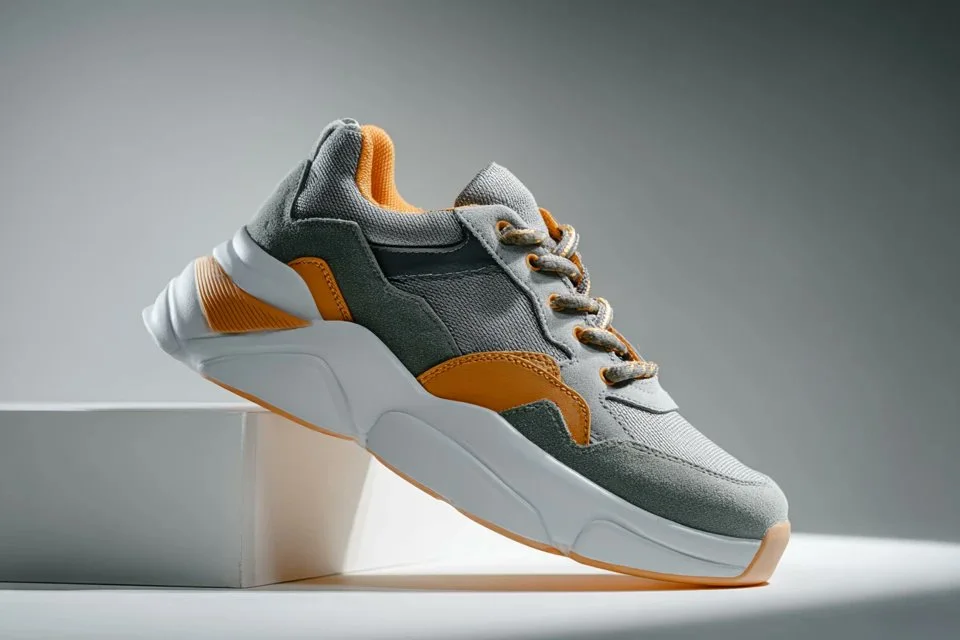 A premium studio product shot of sneakers on a gradient background with ultra-sharp focus.