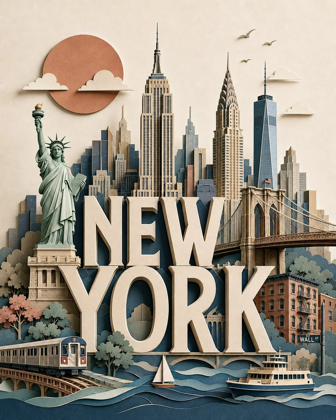 A layered handcrafted paper-cut travel poster for New York with integrated NEW YORK typography, Statue of Liberty, Empire State Building, Chrysler Building, One World Trade Center, Brooklyn Bridge, subway, ferry, and cardstock shadows.