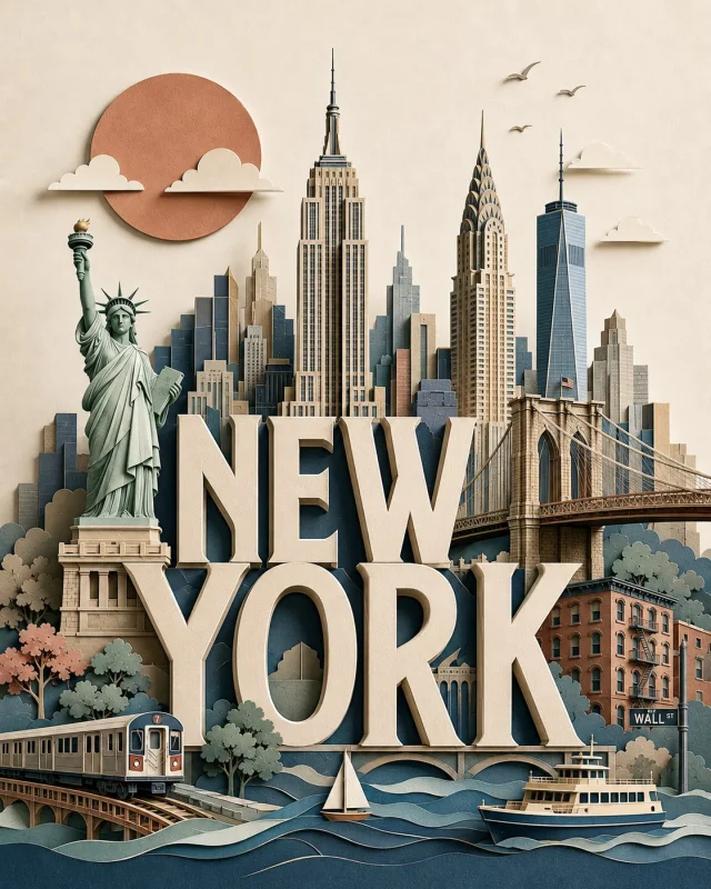 A layered handcrafted paper-cut travel poster for New York with integrated NEW YORK typography, Statue of Liberty, Empire State Building, Chrysler Building, One World Trade Center, Brooklyn Bridge, subway, ferry, and cardstock shadows.