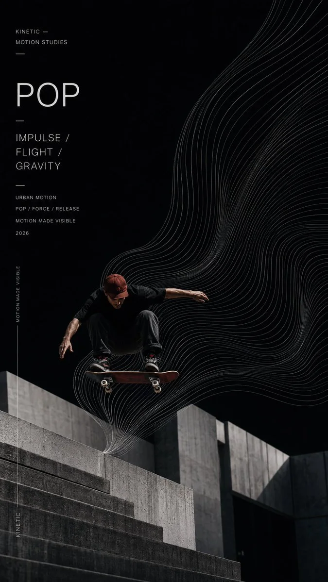 A 9:16 sports editorial poster of a skateboarder with impulse lines rising from the takeoff.