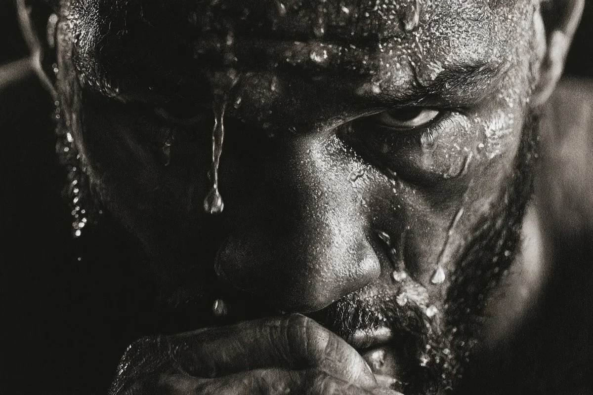 A hyper-detailed grayscale charcoal-intensity close-up of a man’s wet face with dramatic shadows and textured skin.