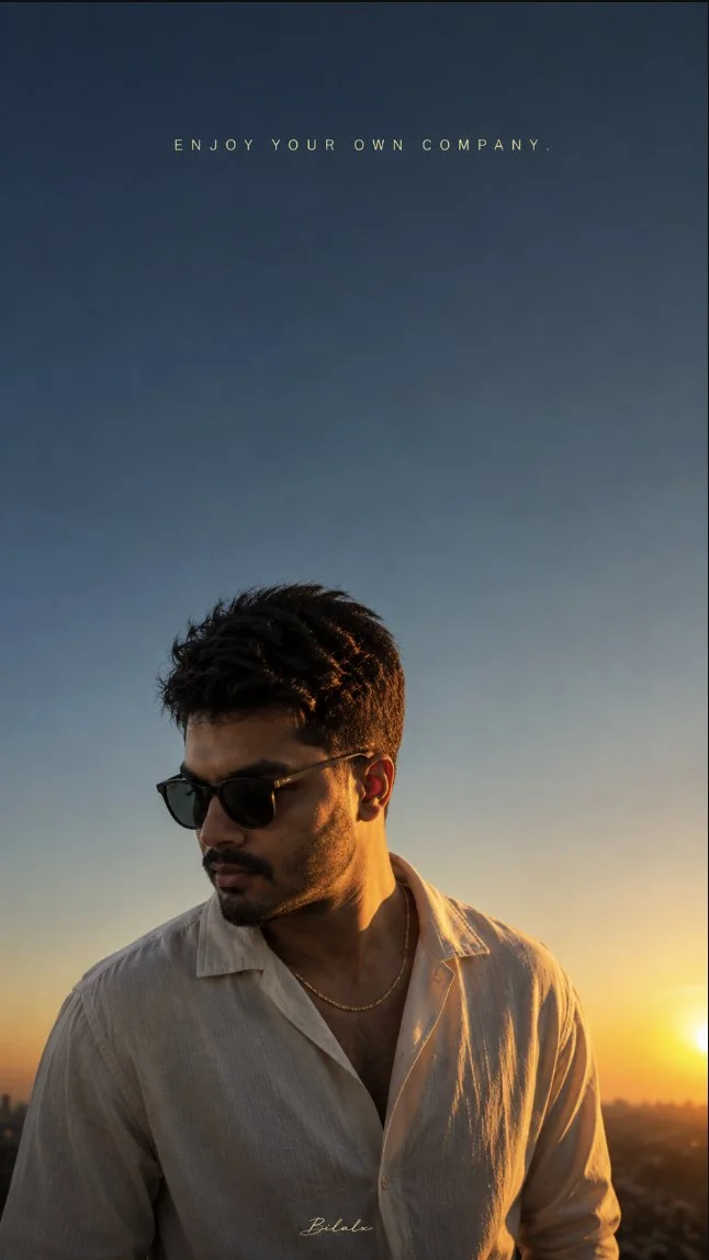 A 9:16 cinematic golden-hour rooftop portrait of a young man in a black knit sweater and sunglasses with "ENJOY YOUR OWN COMPANY." text at the top and a tiny "Bilalx" signature at the bottom.