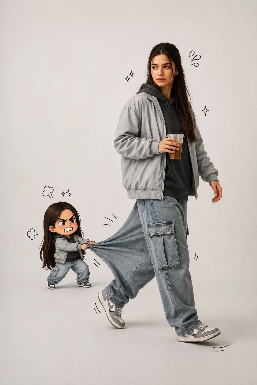 A forced-perspective optical illusion of a woman walking across a minimalist studio with a tiny chibi version of herself pulling the back of her jeans.