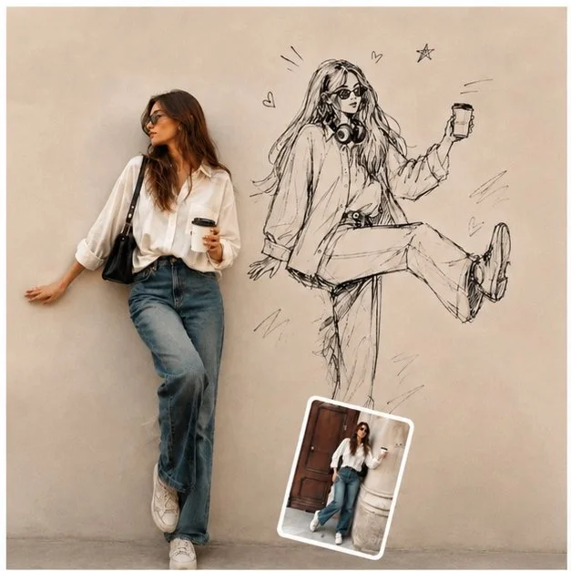 A fashion-editorial split composition of a real woman in sunglasses holding coffee beside a matching hand-drawn pencil sketch on a beige wall, with doodles and a tilted Polaroid inset.