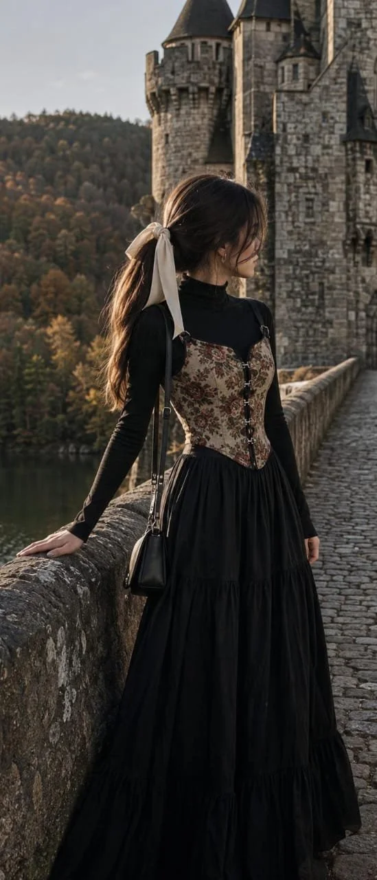 A young woman with a low ponytail and cream ribbon, black turtleneck over a vintage floral corset and black maxi skirt, standing on a stone bridge before a grey medieval castle at golden hour.