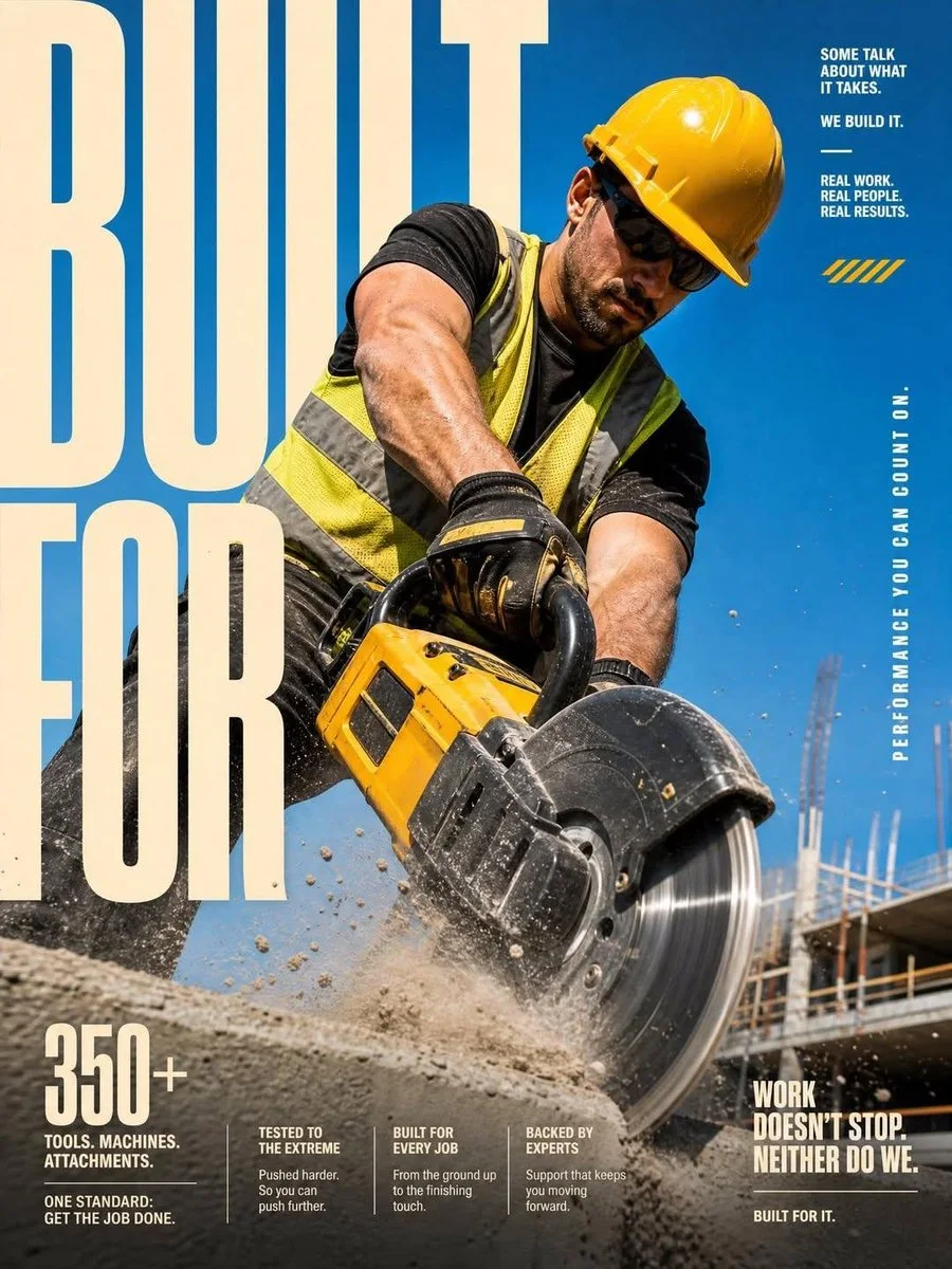 A layered brand poster variation with massive cropped type, a low wide-angle action subject, and hard midday sunlight realism.