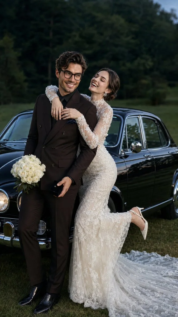 Romantic blue-hour couple portrait showing a groom in a dark suit beside a vintage black sedan while the bride embraces him from behind.