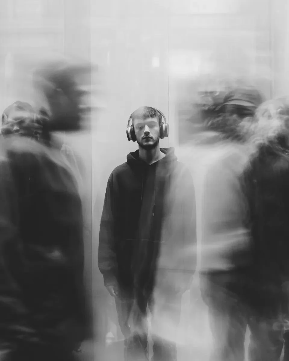 Moody long-exposure crowd portrait variation showing a calm hooded man isolated among blurred moving figures.