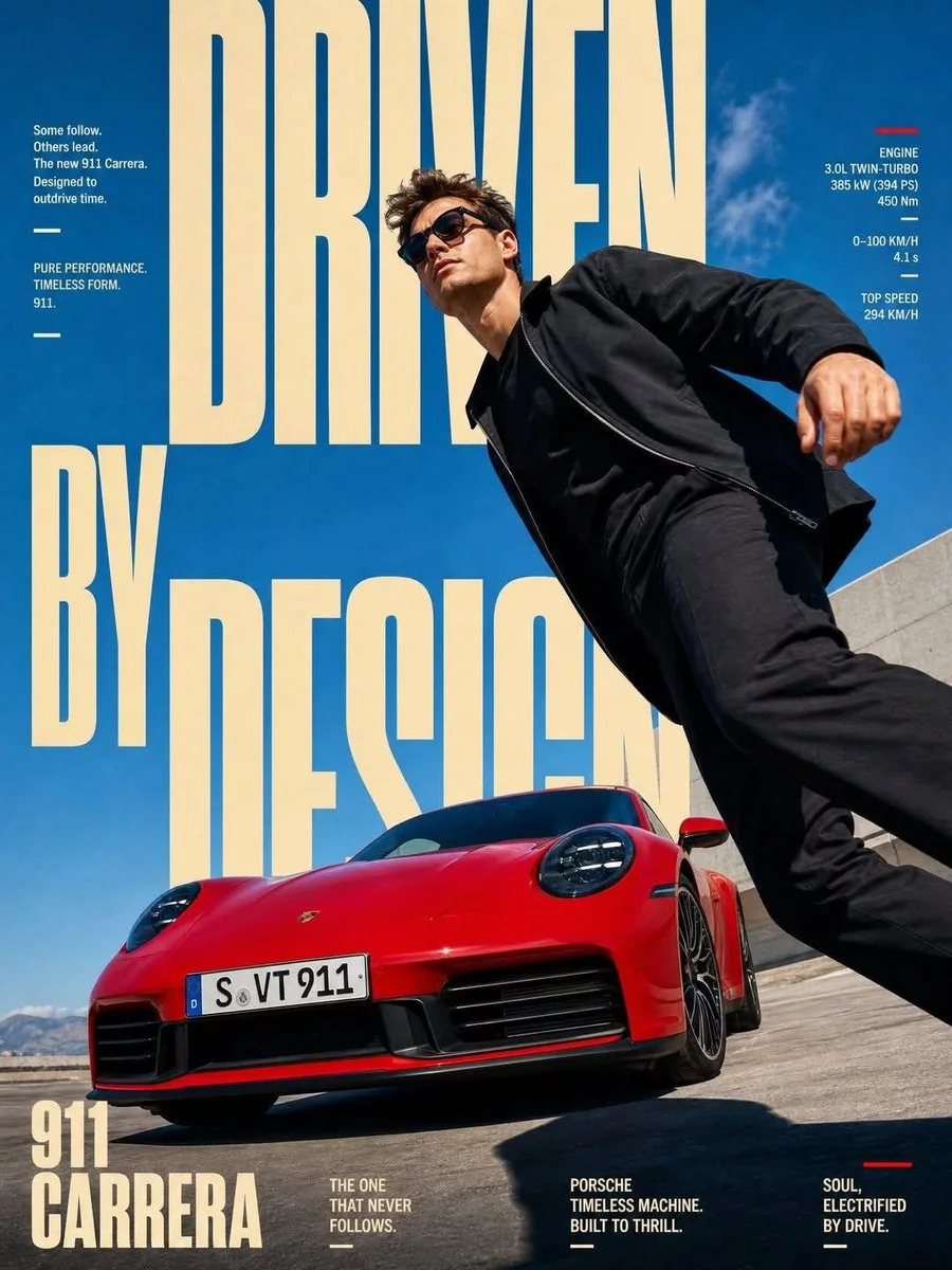 A layered brand action poster variation showing the dense kinetic layout with type behind the subject and bottom information clusters in cream.