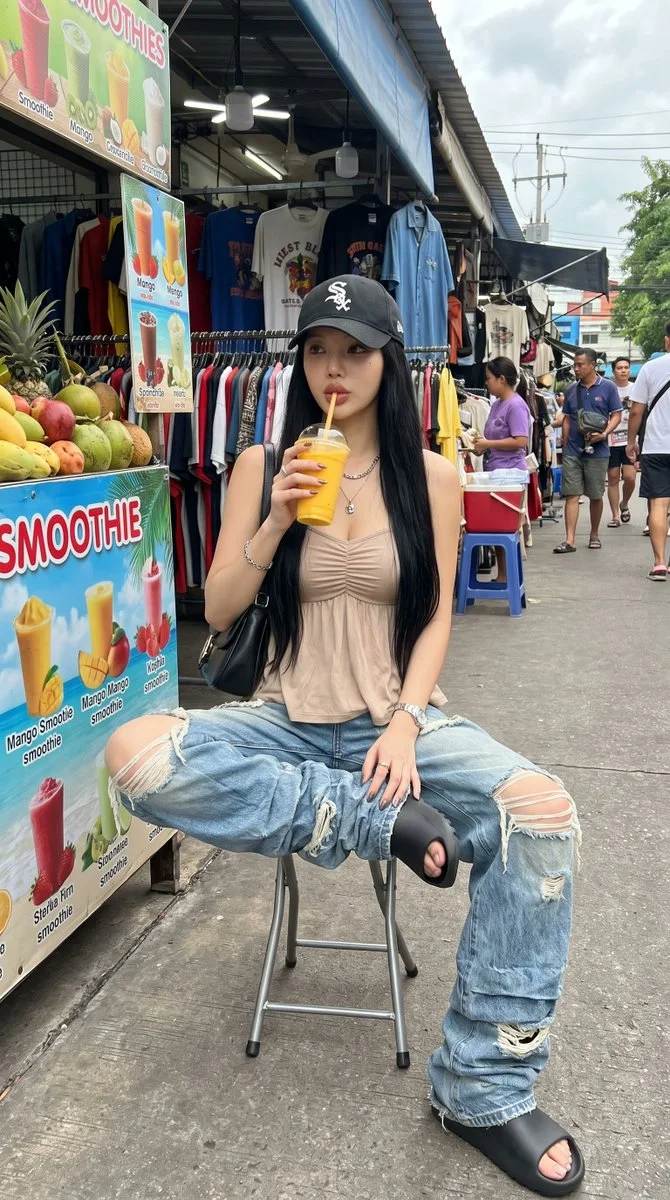 A candid Asian street style market portrait with smoothie signs, tropical fruit, clothing racks, black cap, beige tank top, oversized ripped jeans, and relaxed model-off-duty styling.