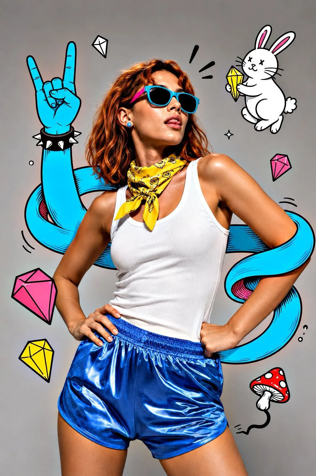 A vibrant mixed-media studio fashion portrait of a stylish woman in teal sunglasses, yellow bandana, white tank top, metallic blue satin shorts, with a cyan cartoon arm, pink and yellow diamonds, rabbit doodle, and mushroom illustration on a neutral gray