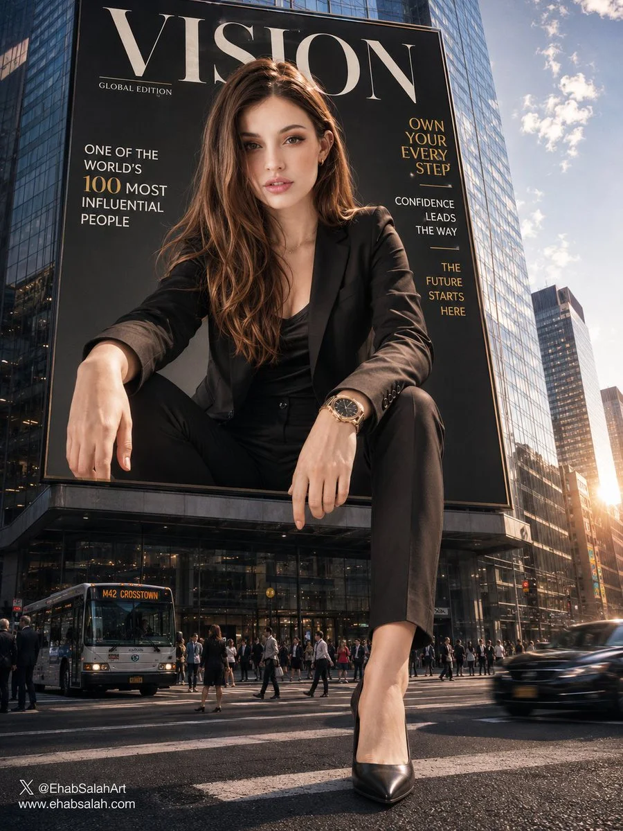 A female businesswoman version of the giant luxury billboard optical illusion, sitting on a skyscraper billboard with one high-heeled foot reaching the street; visible creator signature in the lower-left corner.