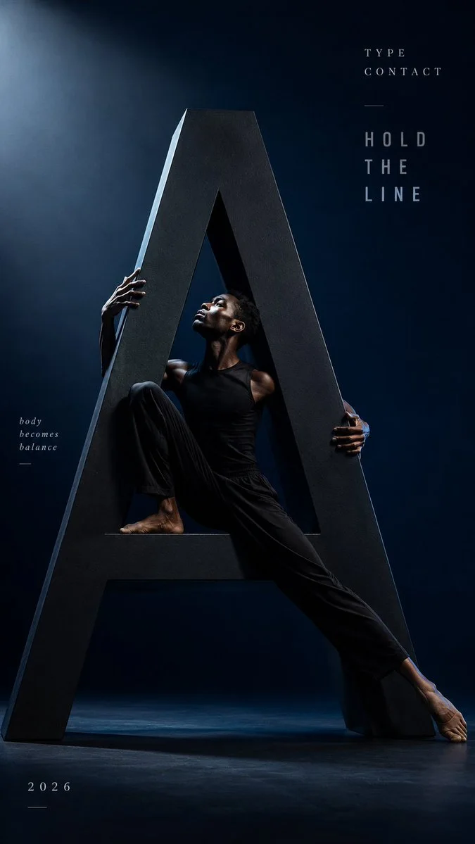 A Type Contact poster showing a person balancing inside or against a huge translucent blue 3D typographic form with believable weight, shadows, and high-fashion styling.