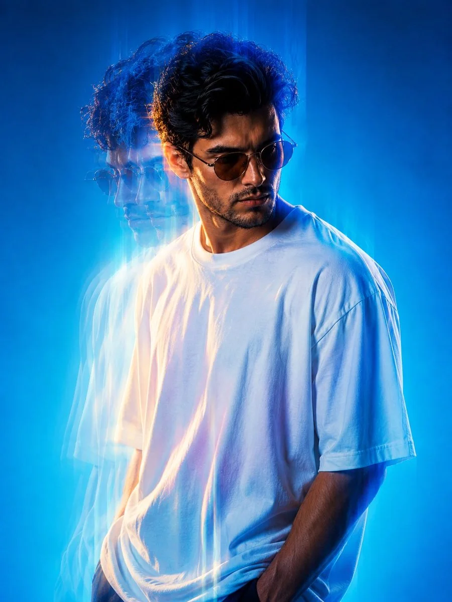 A second blue-gradient fashion portrait with a white oversized T-shirt, dreamy motion blur, layered light trails and chromatic ghosting.