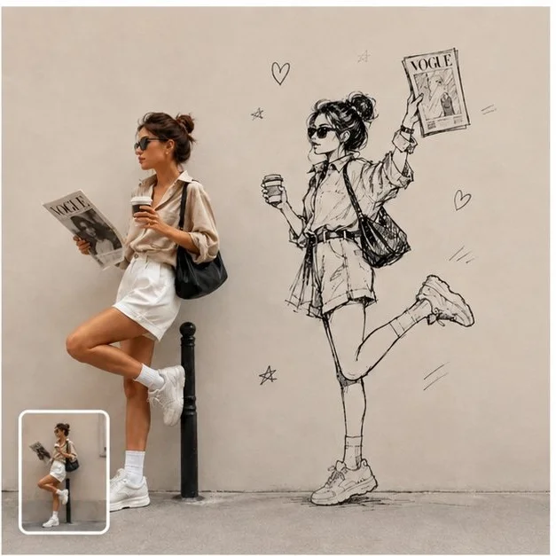A minimalist photo-to-sketch editorial portrait showing a real woman holding a magazine and coffee beside her graphite wall-sketch version, with doodles and a small Polaroid inset.