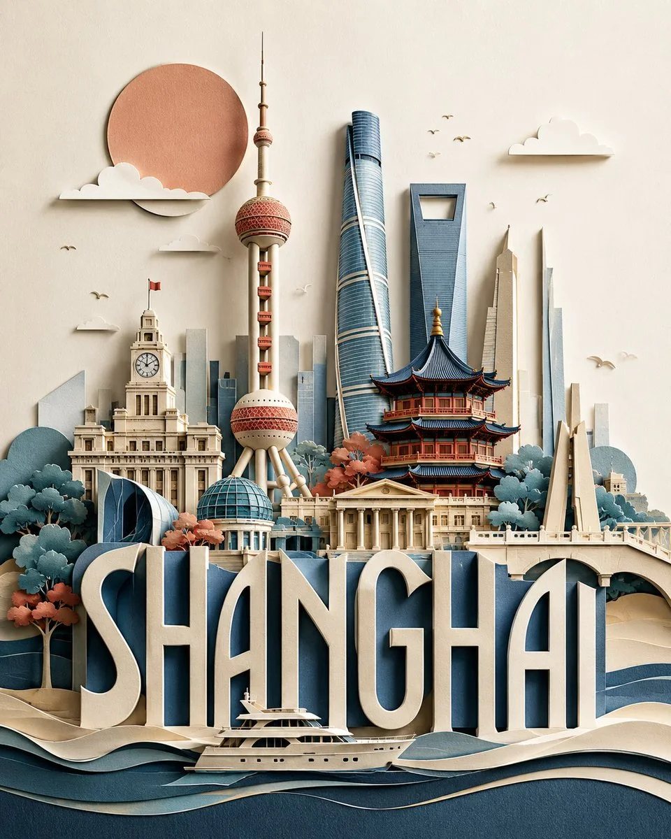 A layered handcrafted paper-cut travel poster for Shanghai with integrated SHANGHAI typography, Oriental Pearl Tower, Shanghai Tower, World Financial Center, historic buildings, bridges, river yacht, and sculpted cardstock layers.