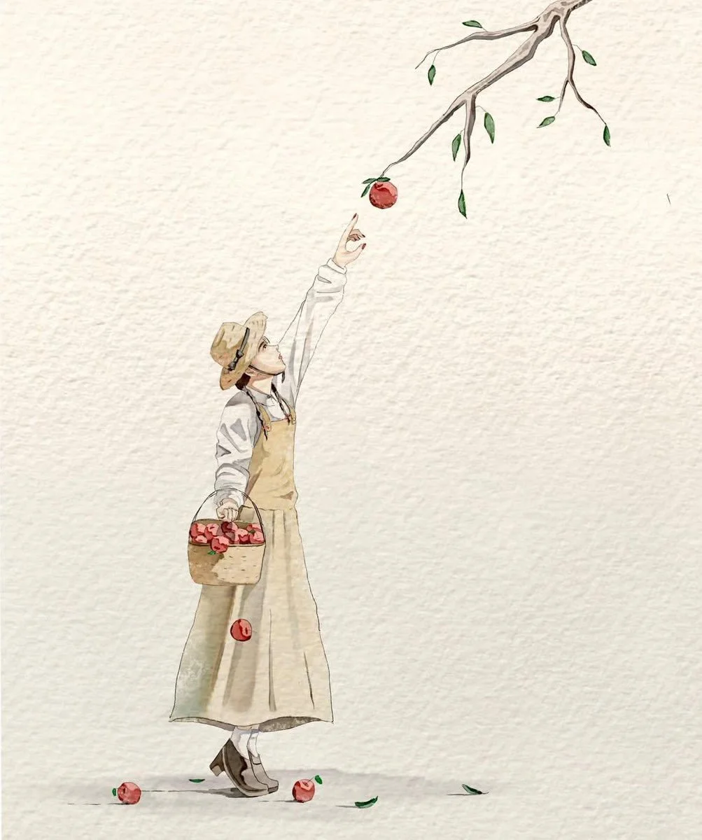 A cozy storybook-style watercolor of a woman resting under a tree with floating splashes and soft ink outlines.
