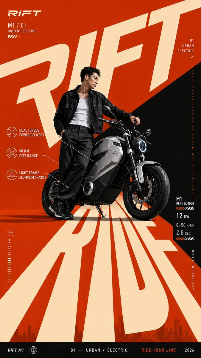 A bold RIFT urban electric campaign poster with oversized RIDE typography forming the ground and a man leaning on an electric motorcycle.
