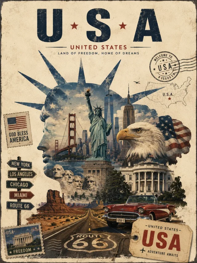 A premium vintage USA travel collage poster with Statue of Liberty profile silhouette, American landmarks, eagle, Route 66, stamps, signs, luggage tag, aged ivory paper, and 1940s-60s travel-ad style.