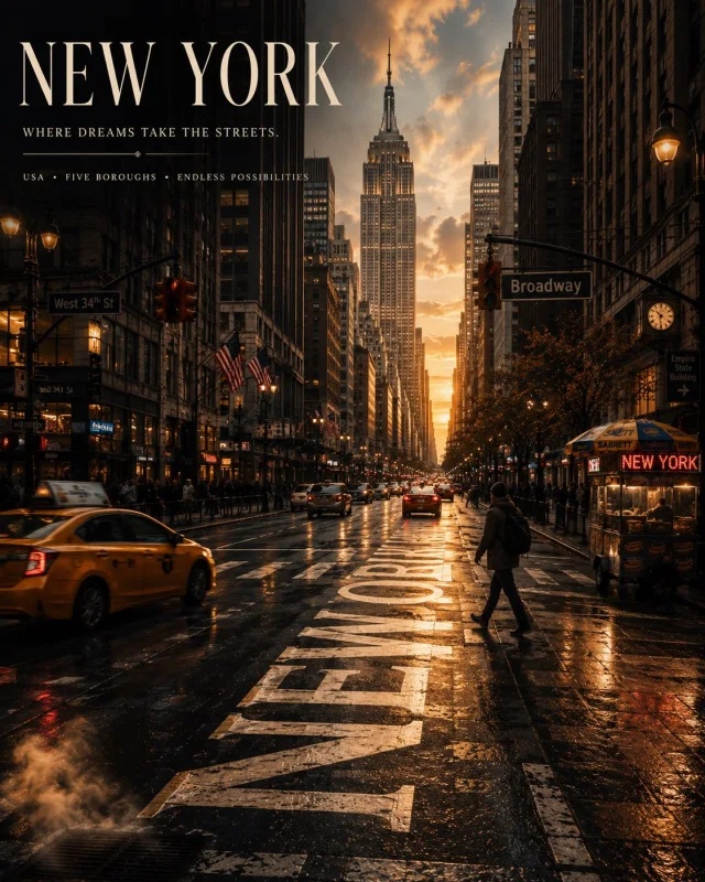 A premium cinematic New York travel poster at golden dusk, with the Empire State Building, wet city street, yellow taxi, Broadway signs, and giant NEW YORK lettering painted into the road perspective.