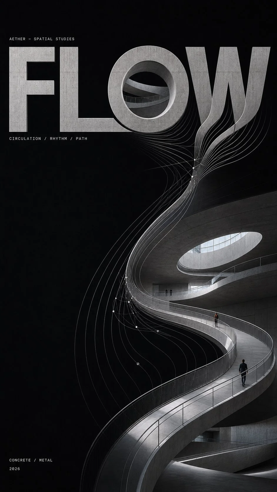 An experimental architectural poster where the word MASS is built from concrete and metal as a carved sculptural façade with parametric lines and a tiny human figure for scale.