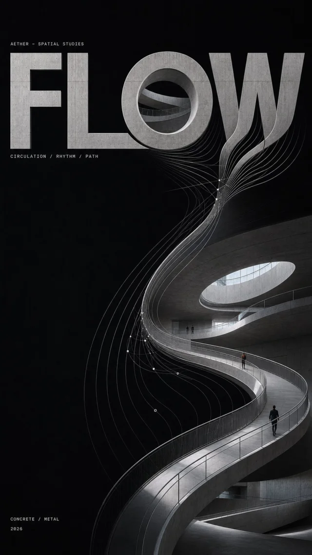 An experimental architectural poster where the word MASS is built from concrete and metal as a carved sculptural façade with parametric lines and a tiny human figure for scale.