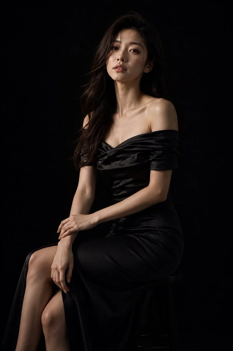 An ultra-realistic high-fashion studio photoshoot of a young Korean woman in a black satin off-shoulder midi dress against a deep matte-black background with minimal cinematic lighting.