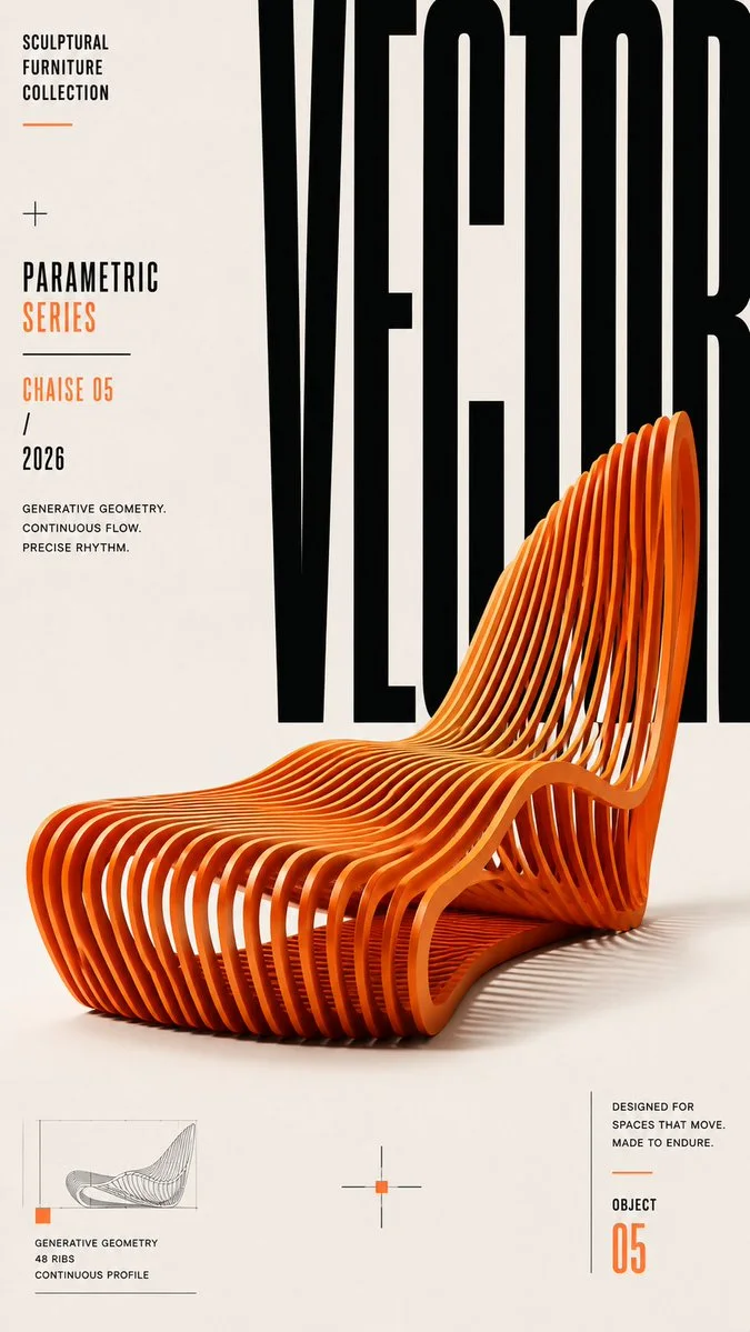 A parametric sculptural furniture editorial poster featuring an orange ribbed chaise lounge with oversized VECTOR typography.