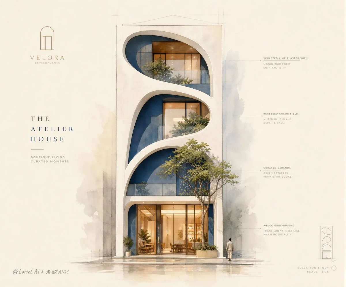 An ultra-premium architectural sales poster in watercolor-and-sketch style showing one slender boutique building facade with rounded voids on warm off-white paper and a small tree.