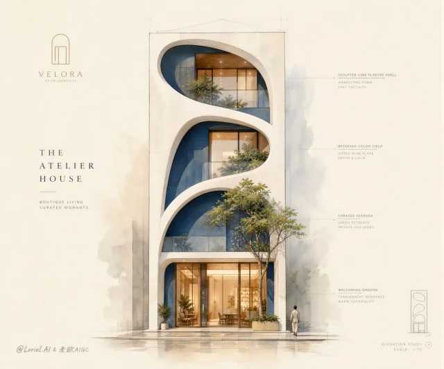 An ultra-premium architectural sales poster in watercolor-and-sketch style showing one slender boutique building facade with rounded voids on warm off-white paper and a small tree.
