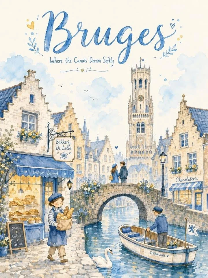 A warm minimal watercolor Bruges city postcard poster with canal, bakery, medieval tower, boat, swan, blue handwritten typography, and soft aqua-yellow palette.